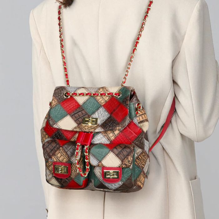 Damen Patchwork Rucksack Leder bunt klein mit Kette
