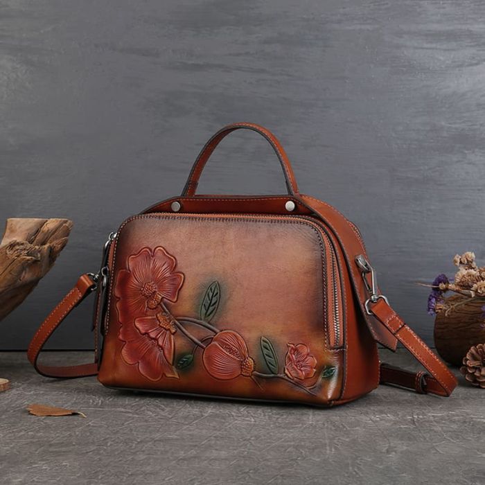 Vintage Umhängetasche Damen Leder Handtasche mit Blumenmuster