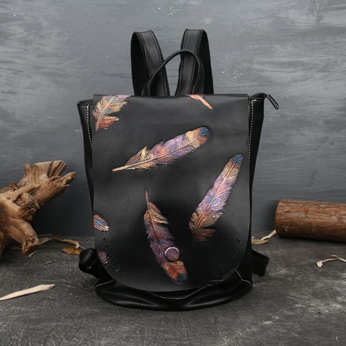 Vintage groß Damen Rucksack Leder Vintage Federn für Reisen