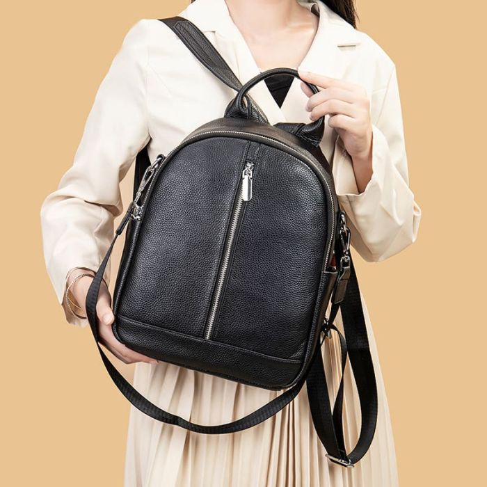 Alltags schöner Rucksack Schultertasche 2 in 1 Damen aus Leder schwarz