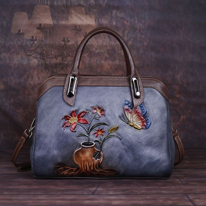 Vintage Handtasche Damen Leder zum Umhängen Umhängetasche mit Schmetterling