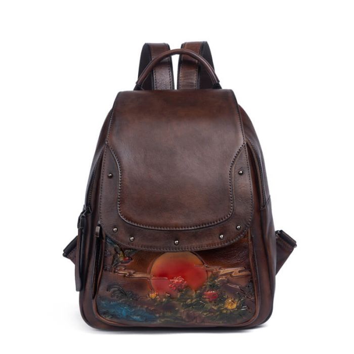 Vintage Rucksack Damen aus Leder für Alltag mit Henkel