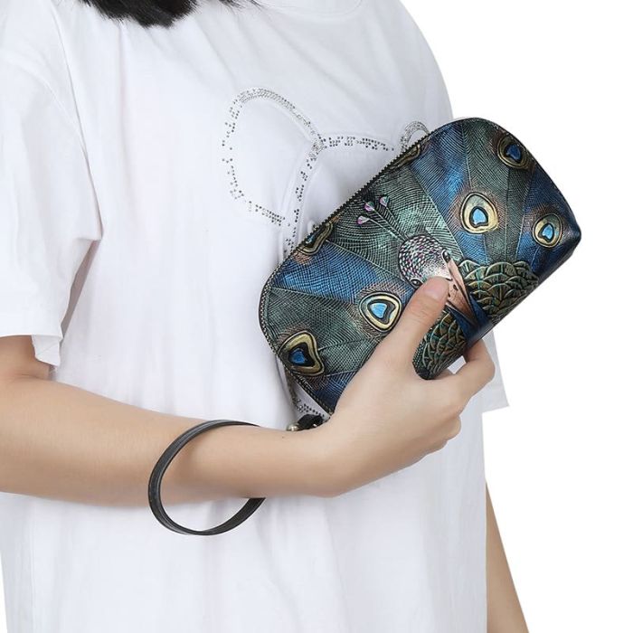 Damen Clutch Handtasche Pfau aus Leder Portemonnaie mit Handgelenkgurt Abendtasche 
