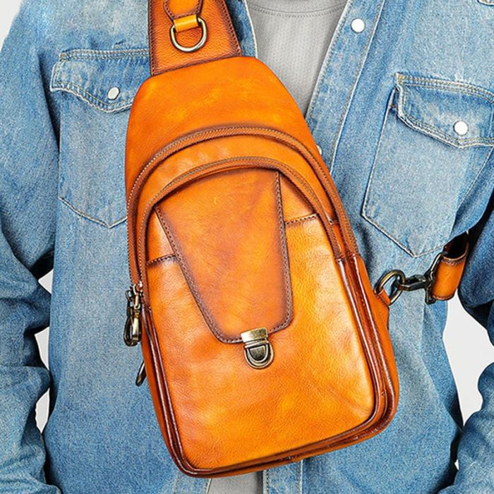 Brusttasche Herren Leder Brustbeutel Umhängetasche retro Rucksack 1 Gurt
