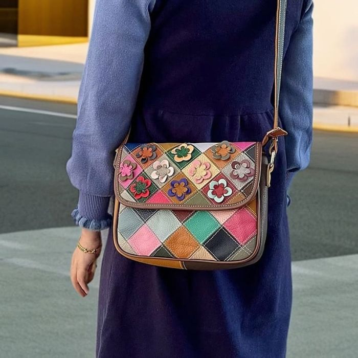 kleine Damen Patchwork Umhängetasche Leder bunt