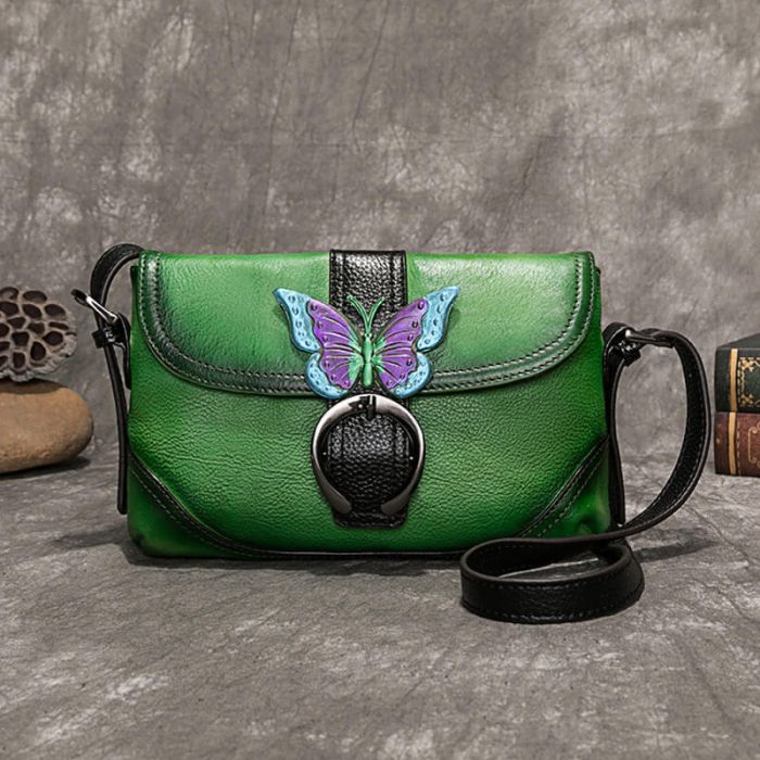 Vintage kleine Damen Umhängetasche Leder mit Schmetterling