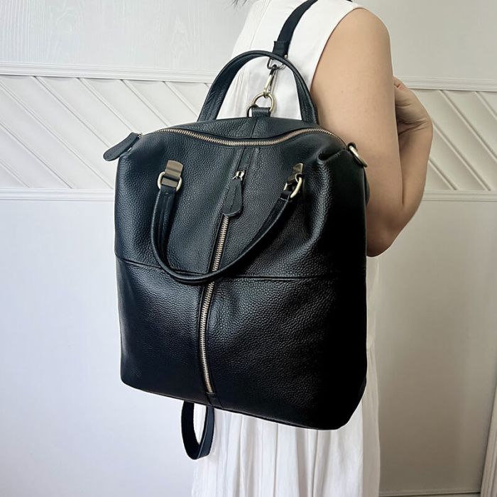 Rucksack Damen Leder schwarz mit Reißverschluss am Rücken zwei Griffen Handtasche Schultertasche 3in1