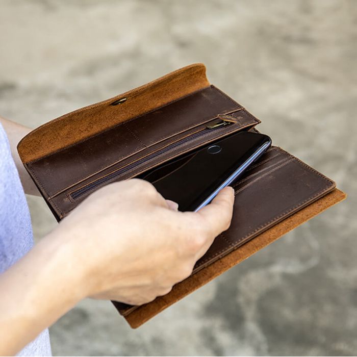 braune Geldbörse Herren Leder lang Portemonnaie Geldbeutel mit Münzfach RFID Schutz