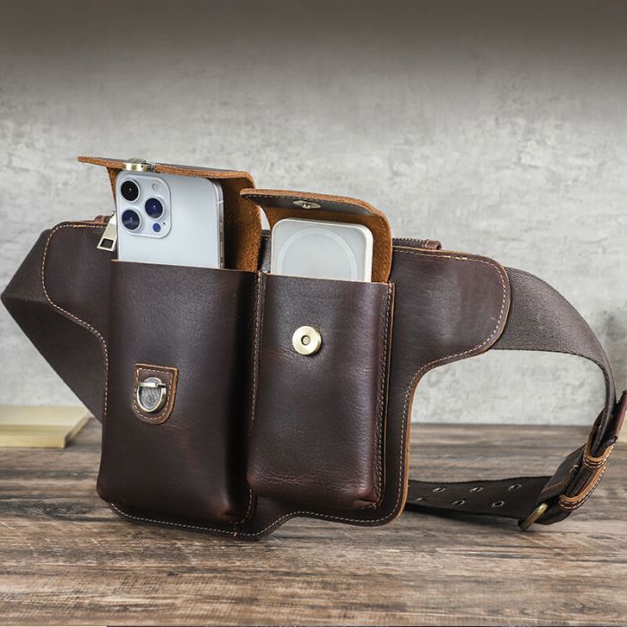 braune Hüfttasche Leder Brusttasche Herren Vintage für Outdoor
