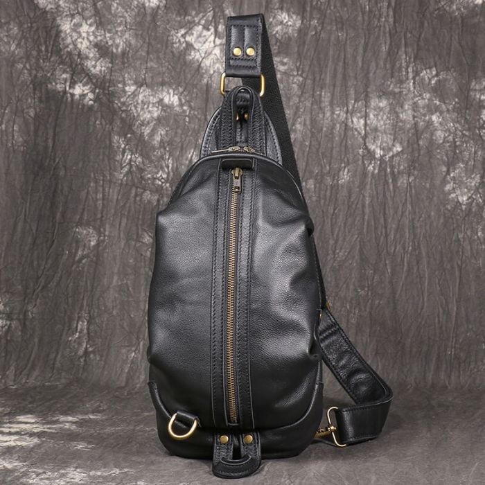 schwarze Brusttasche Herren Leder Brustbeutel Vintage mit Reißverschluss