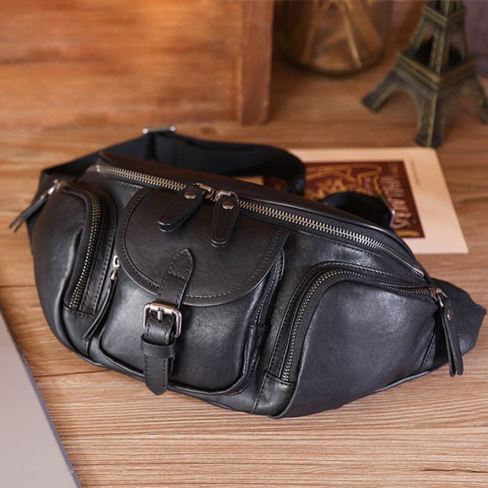 Leder Brusttasche Herren Hüfttasche schwarz