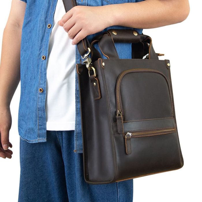 Herren Umhängetasche Leder Hochformat Handtasche mit vielen Fächern