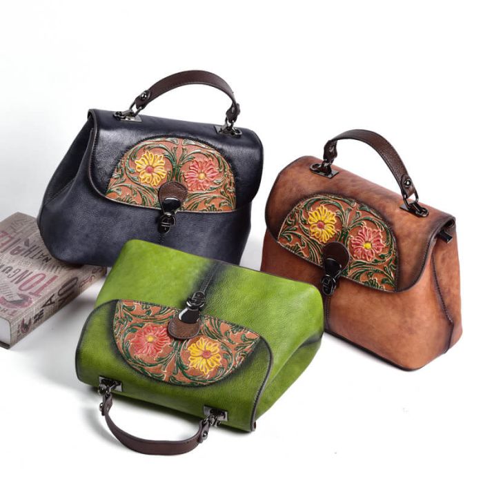 kleine Retro Umhängetasche Damen Leder mit Griff in 3 Farben