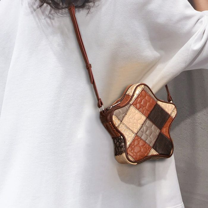 kleine Umhängetasche Damen Patchwork Leder bunt Sternform