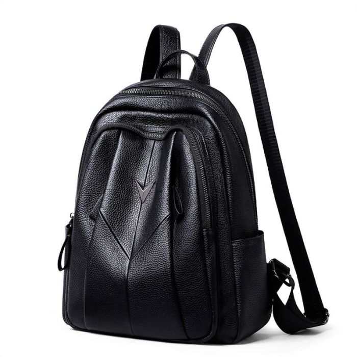 schawrzer Rucksack Damen Leder mit Reißverschluss für Alltag und Stadt