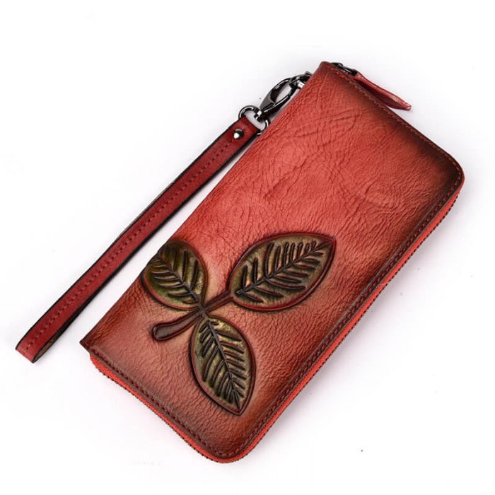 Damen Clutch Geldbörse aus Leder mit Blättern Portemonnaie Reißverschluss
