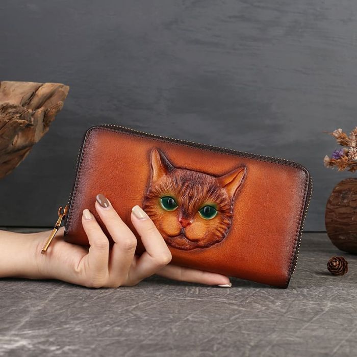 retro Leder Portemonnaie Damen lang Geldbörse mit Katze Gravur