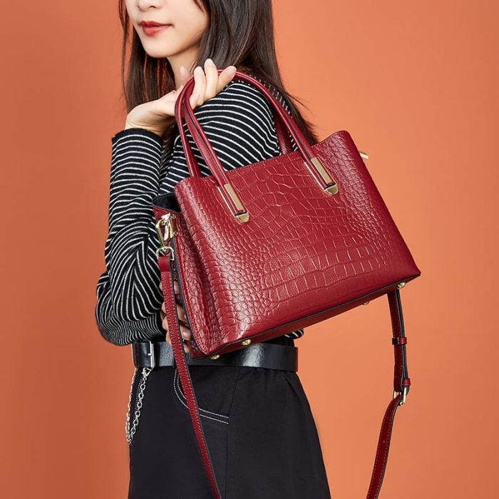Umhängetasche Damen aus Leder mit Henkel Handtasche Kroko Optik