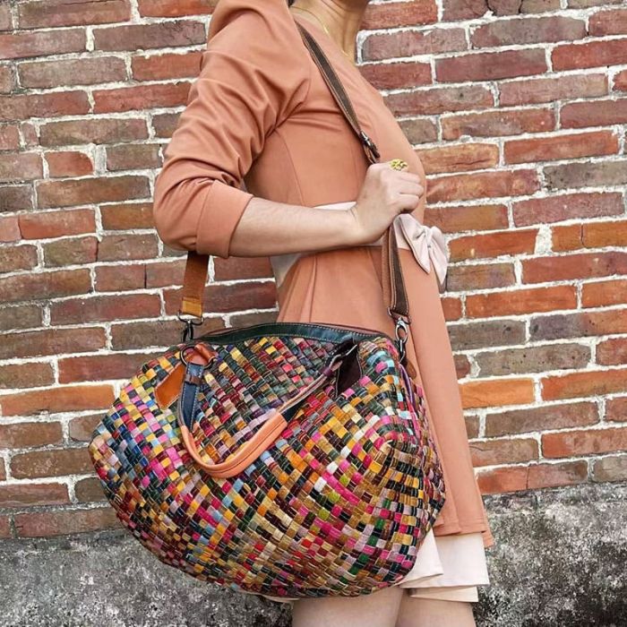 große Handtasche Damen bunt Umhängetasche geflochten Leder
