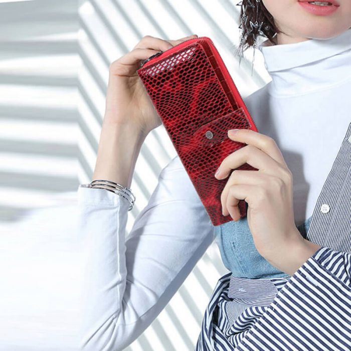 lange Geldbörse Damen Leder Portemonnaie rot Schlangenoptik RFID Schutz