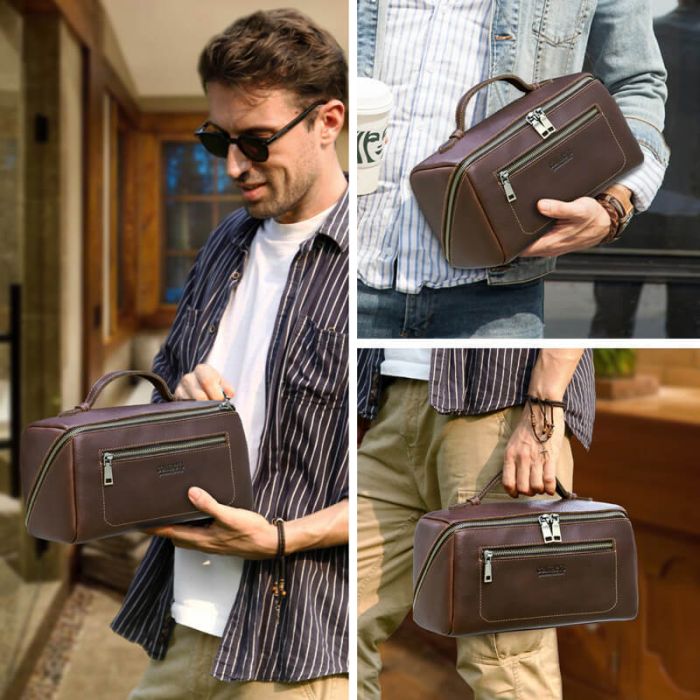 Kulturtasche Herren Leder mit Griff Kulturbeutel Reise Waschtasche