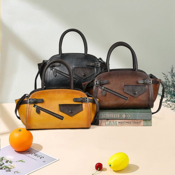 Retro Handtasche Damen Leder zum Umhängen mit vielen Fächer