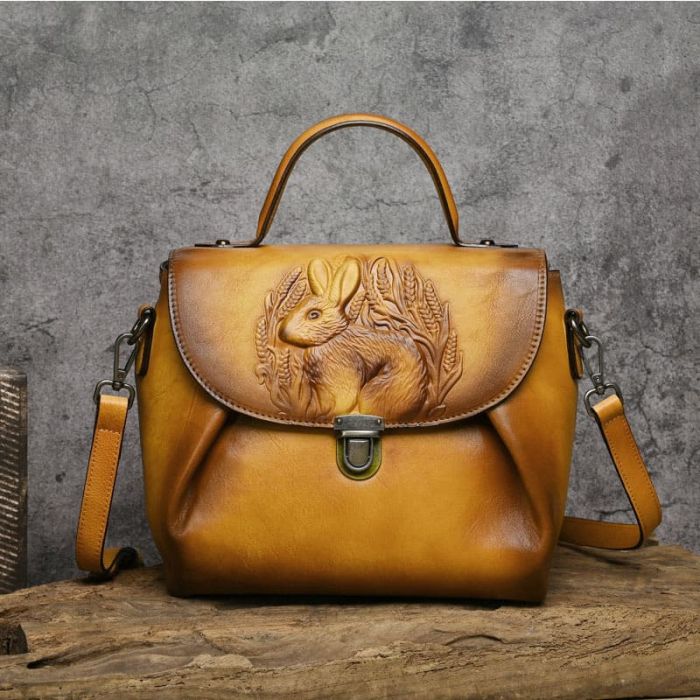 Vintage Umhängetasche Damen mit Griff Handtasche Leder mit Häschen