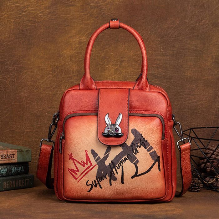 Vintage Damen Leder Rucksack Umhängetasche Kombi