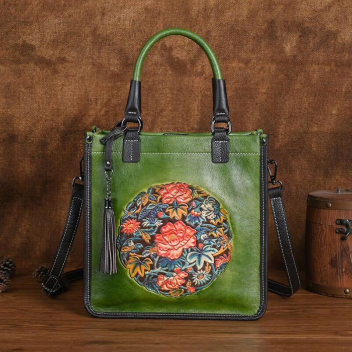Vintage Handtasche Damen zum Umhängen Umhängetasche Frauen Leder mit Blumenmuster