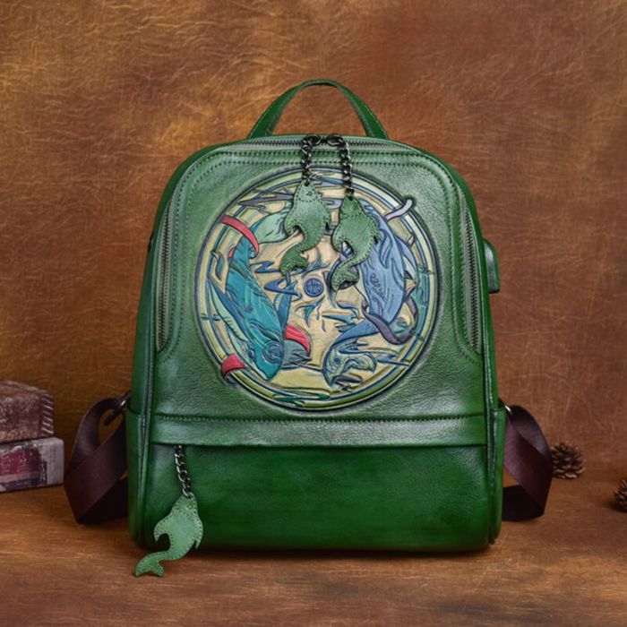 Damen Rucksack Vintage Leder mit Fische