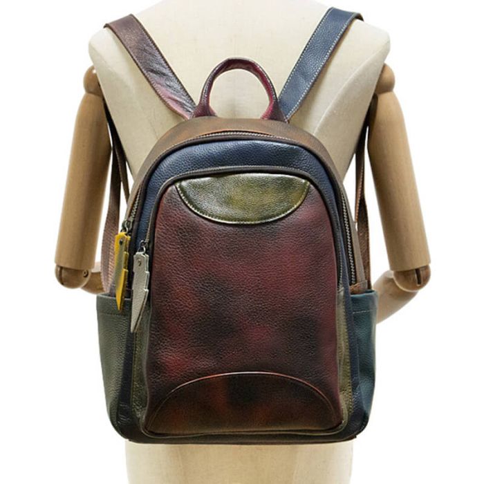 Rucksack Damen Leder bunt Lederrucksack mit Reißverschluss für Alltag