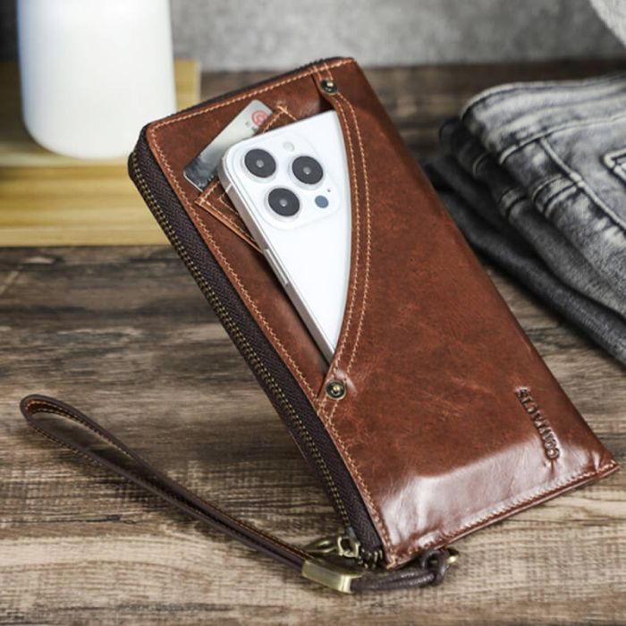 Vintage Herren Geldbörse lang Portemonnaie mit Münzfach Brieftasche Clutch mit Handgelenkschlaufe