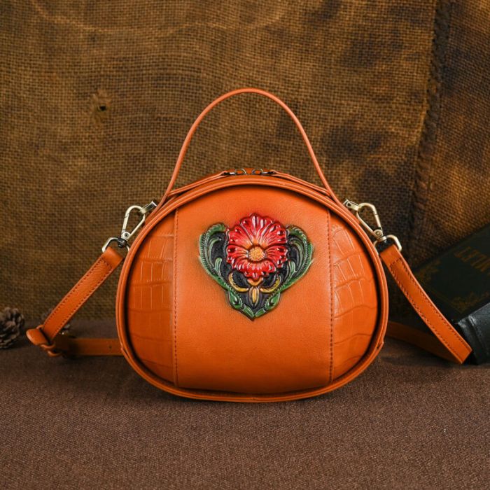 kleine Umhängetasche Damen mit Griff Handtasche Leder mit Blumen