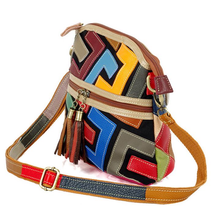 bunte Umhängetasche Damen Leder und Canvas 