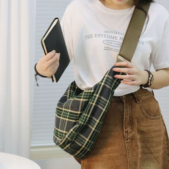 große Damen Schultertasche Canvas Umhängetasche Karomuster karierter Tasche breitem Gurt