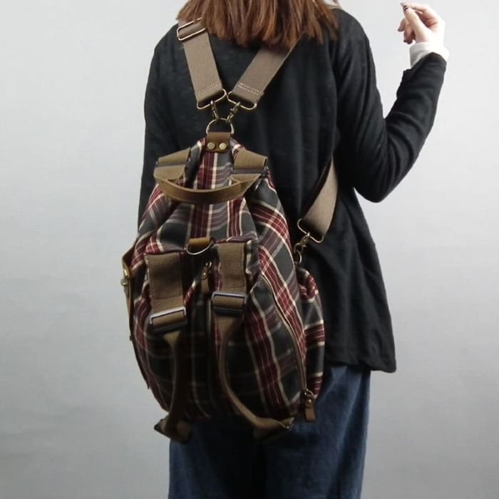 Damen Rucksack Handtasche 2 in 1 karierter Umhängetasche Canvas