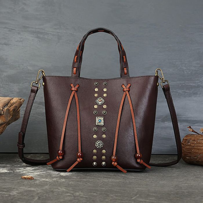 Vintage Umhängetasche Damen Handtasche Leder mit Nieten