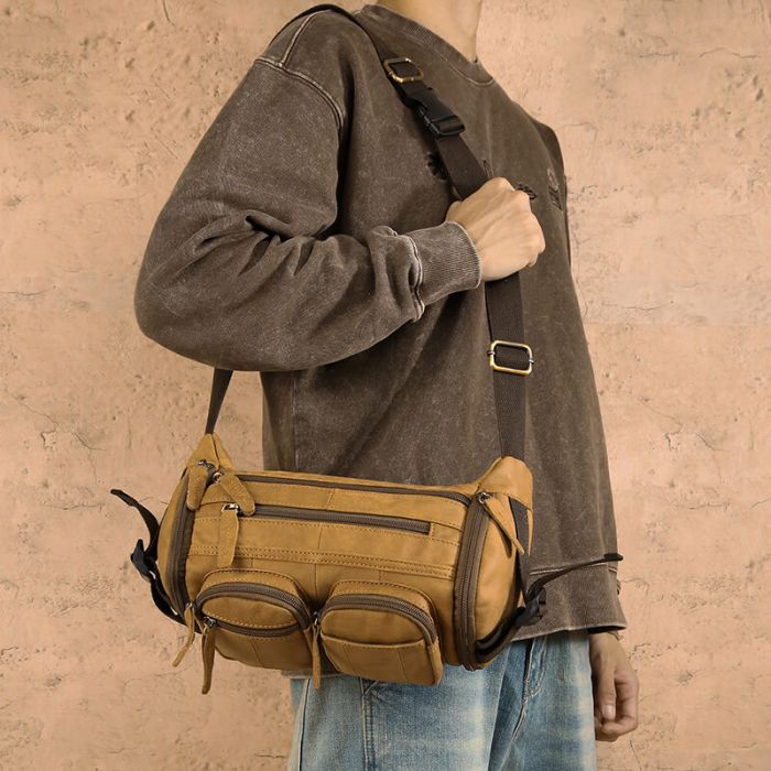 Vintage Brusttasche Herren Leder Brustbeutel Umhängetasche mit vielen Fächern