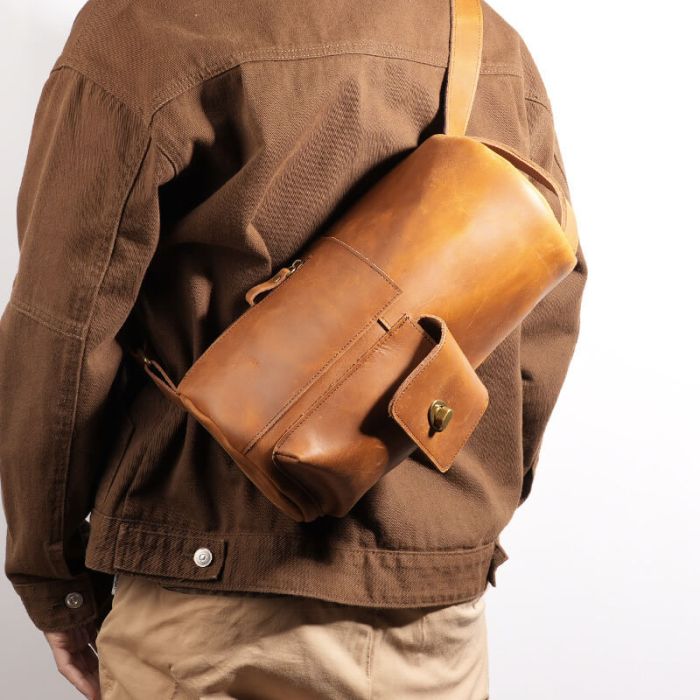 Herren Umhängetasche Brusttasche Leder braun Vintage Zylinder Tasche
