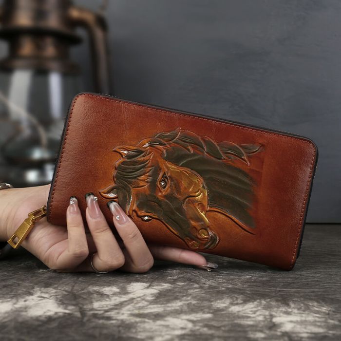 Vintage Geldbörse Leder Geldbeutel lang Brieftasche mit Pferd für Damen und Herren
