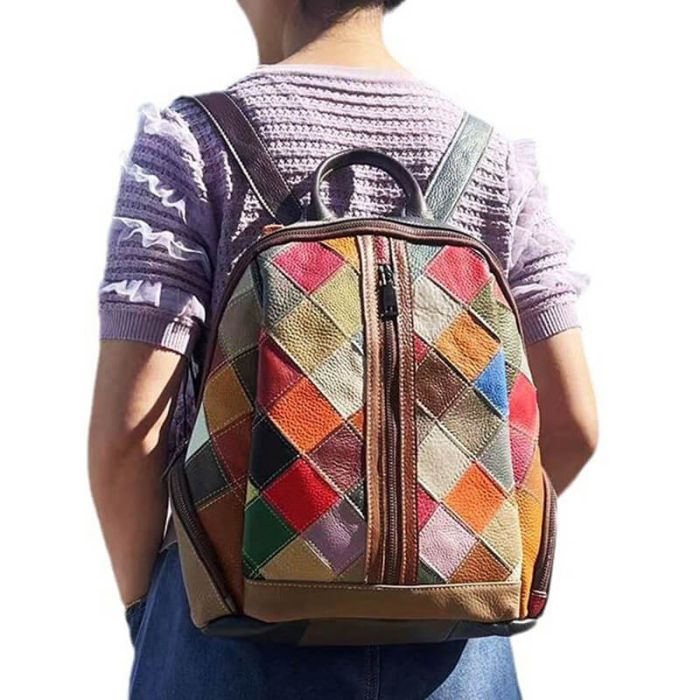 Rucksack Damen bunt mit Reißverschluss Leder Patchwork