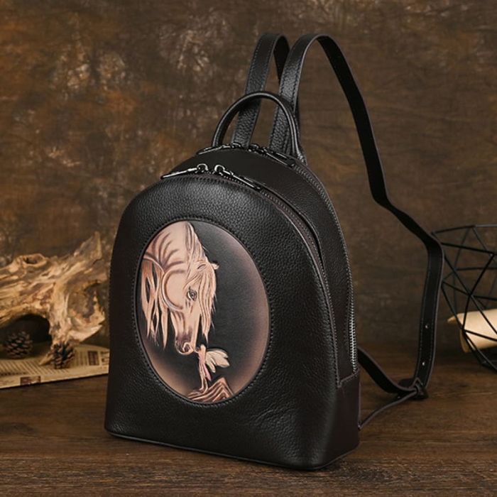 Leder Rucksack Damen Tagesrucksack Vintage mit Pferdemotiv 