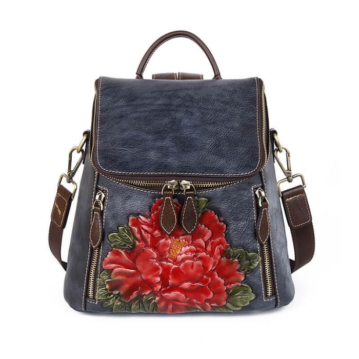 Damen Vintage Leder Rucksack Schultertasche 2 in 1 Blumenmuster