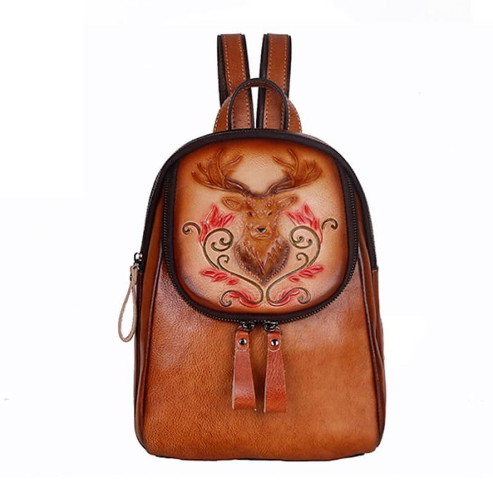 Rucksack Damen Leder Vintage mit Hirsch