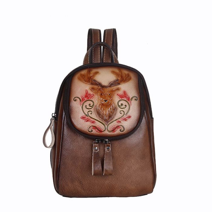 Rucksack Damen Leder Vintage mit Hirsch