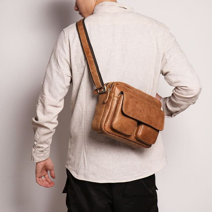 Herren Shultertasche Leder Umhängetasche Querformat