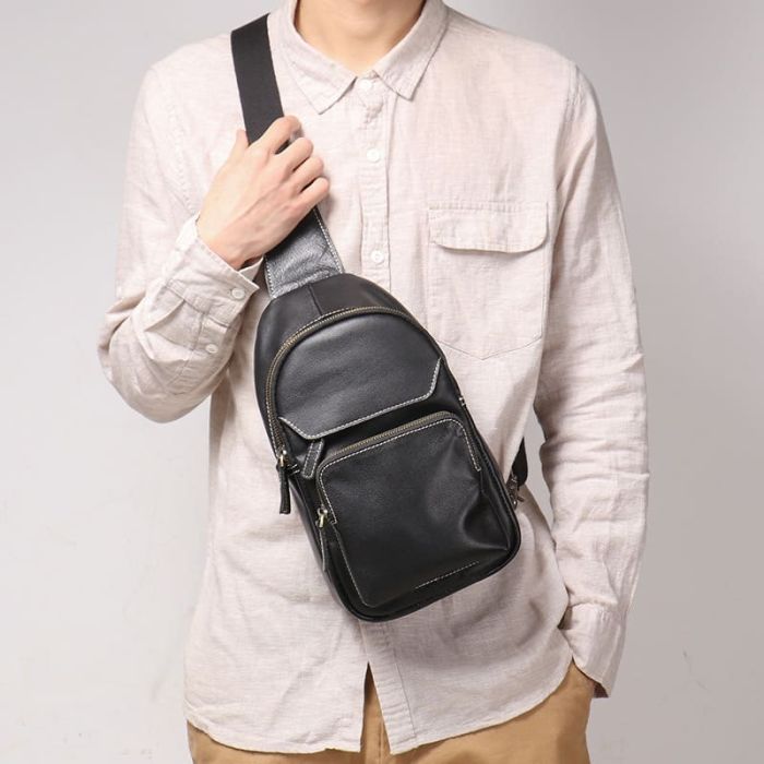 Brusttasche Leder schwarz Herren Umhängetasche Brustbeutel