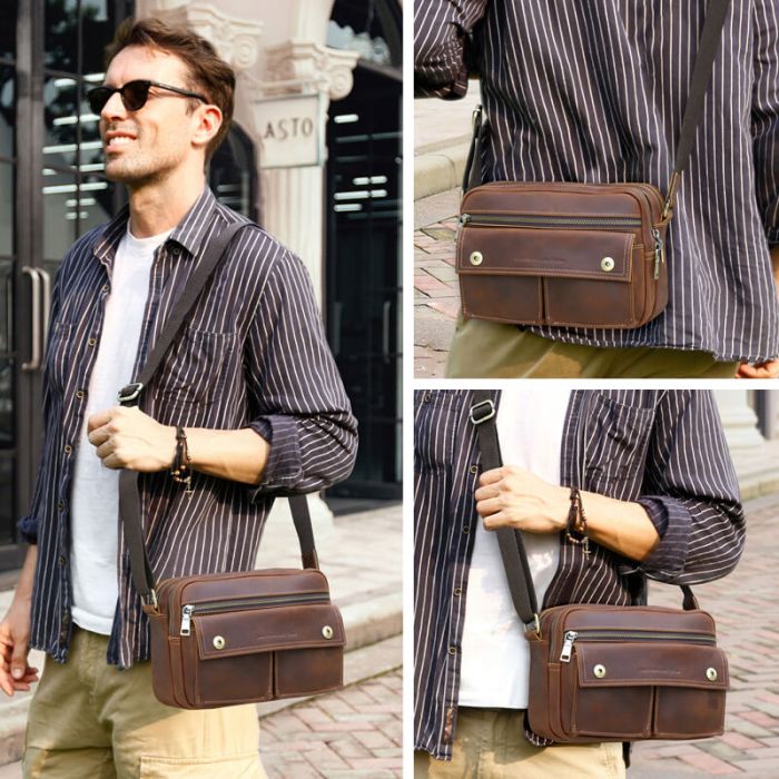 kleine Umhängetasche Herren Vintage Leder braun mit vielen Fächern