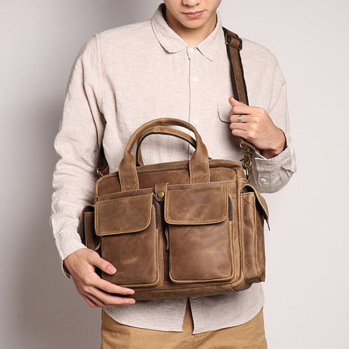 Umhängetasche Herren Leder Vintage Aktentasche Businesstasche in Braun und Schwarz