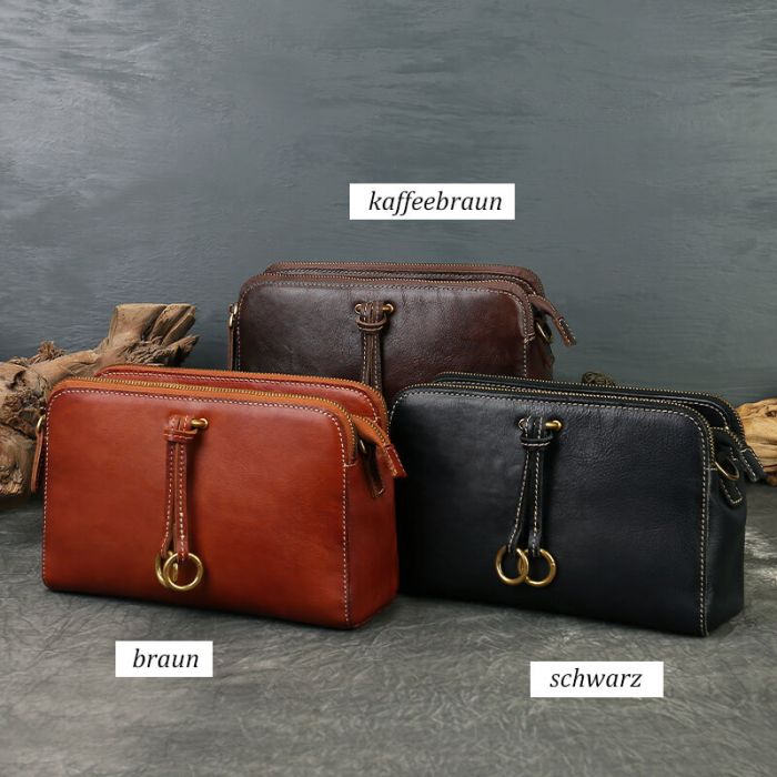 kleine Umhängetasche Damen Leder Vintage Tasche 3 Fächer